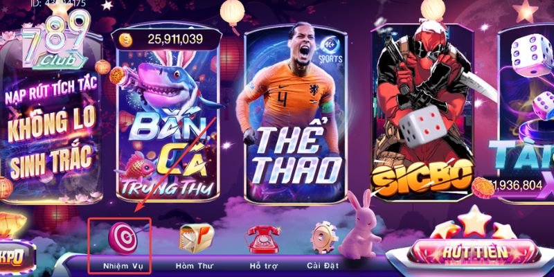 Người chơi nhấn vào mục Nhiệm vụ tại giao diện cổng game